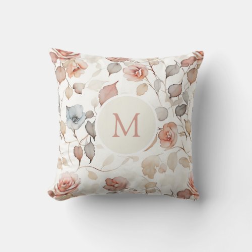 Elegant boho watercolor romantic flowers monogram throw pillow