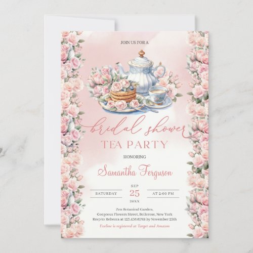 Elegant boho watercolor soft pink roses tea party invitation
