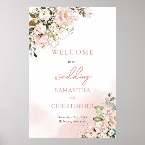 Elegant boho watercolor soft pink wedding welcome poster