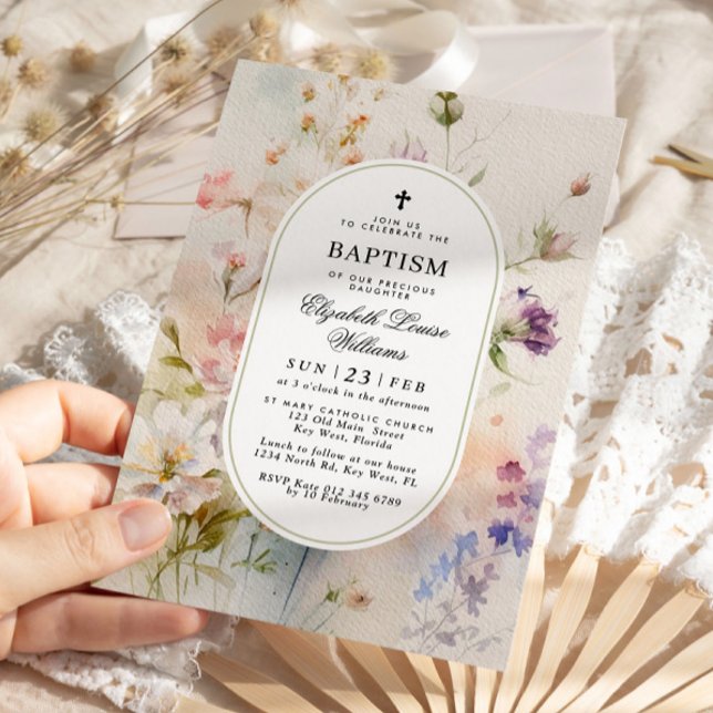 Elegant Boho Watercolor Wildflowers Baptism Invitation (Creator Uploaded)