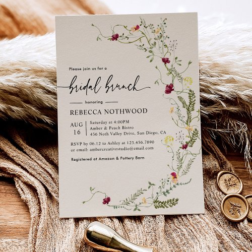 Elegant Boho Watercolor Wildflowers Bridal Brunch  Invitation