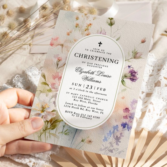 Elegant Boho Watercolor Wildflowers Christening Invitation (Creator Uploaded)