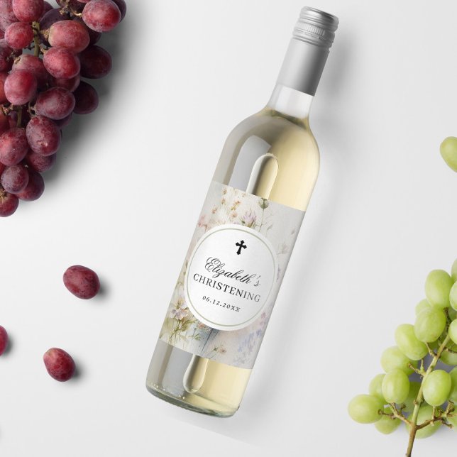 Elegant Boho Watercolor Wildflowers Christening Wine Label (Creator Uploaded)