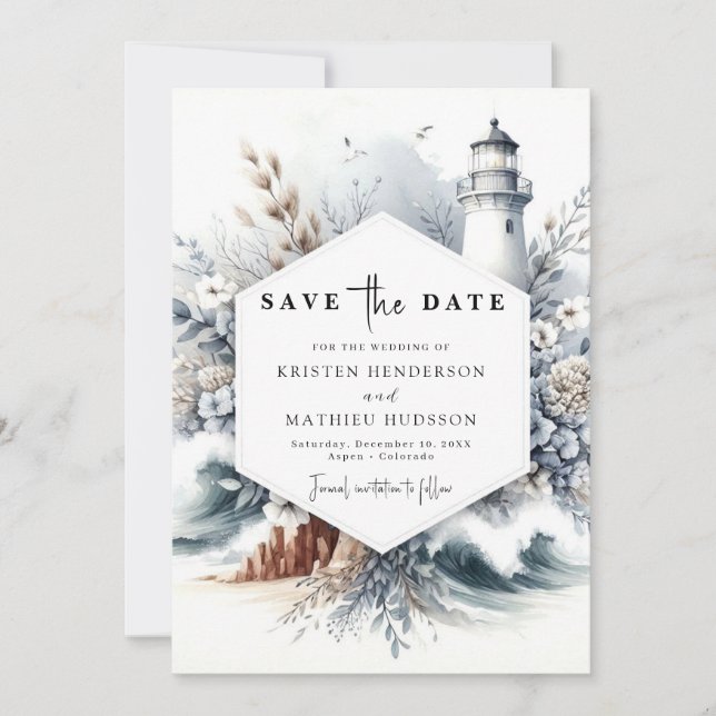 Elegant Boho Waves Lighthouse Wedding Save The Date (Front)