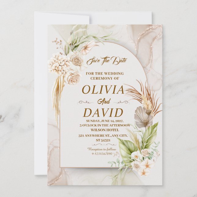 Elegant Boho Wedding Beige Floral Save the Date Invitation (Front)