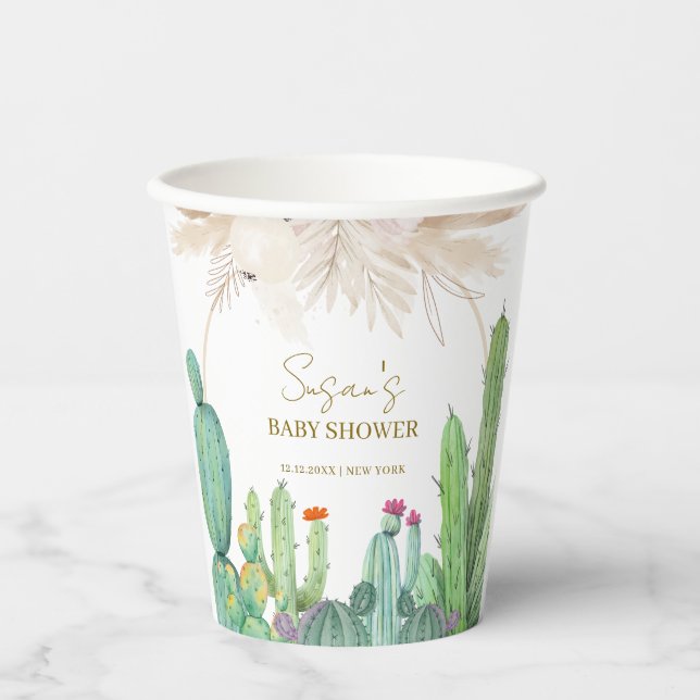 Elegant Boho Western Cactus Arch Baby Shower Paper Cups (Front)