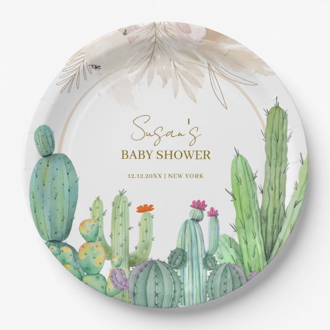 Elegant Boho Western Cactus Arch Baby Shower Paper Plates (Front)
