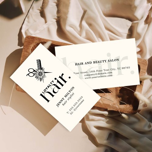 Elegant Boho White Black Scissors Hair Stylist Business Card