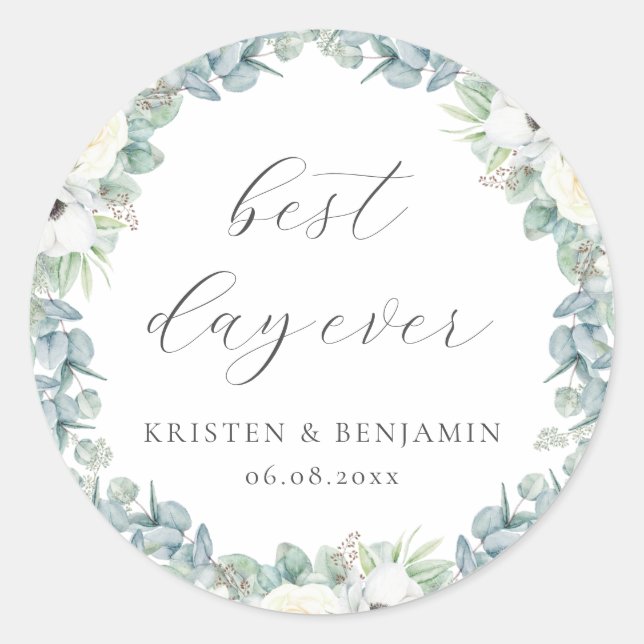 Elegant Boho White Floral Greenery Wedding Favor Classic Round Sticker (Front)
