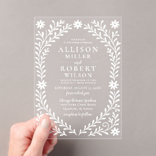 Elegant Boho White Floral Wedding Acrylic Invitations