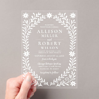 Elegant Boho White Floral Wedding Acrylic Invitations