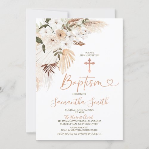 Elegant Boho White Flowers Christening Baptism Invitation