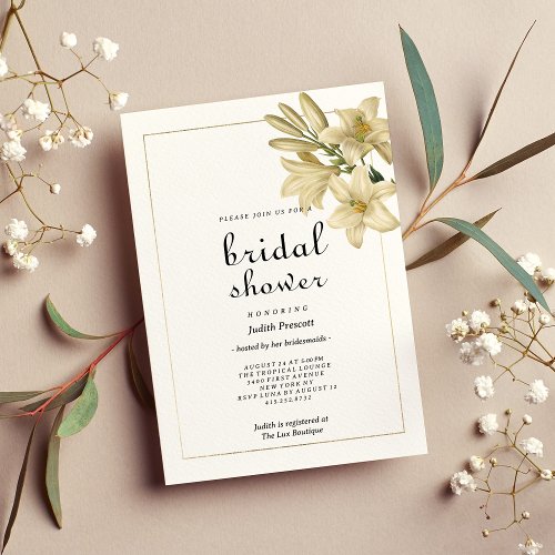 Elegant boho white gold floral lily Bridal Shower  Invitation