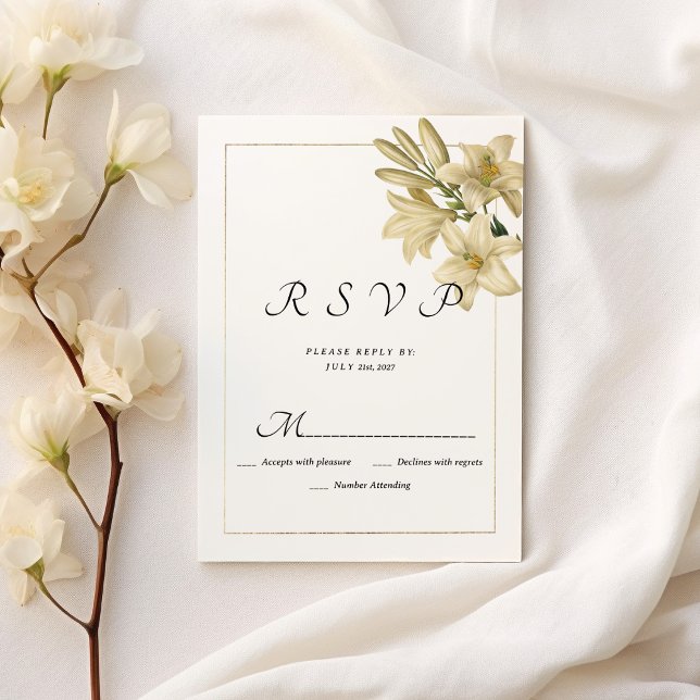 Elegant boho white gold floral lily RSVP Invitation (Elegant boho white gold floral lily RSVP )
