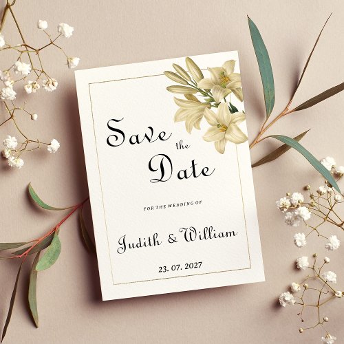 Elegant boho white gold floral lily Save the Date Invitation