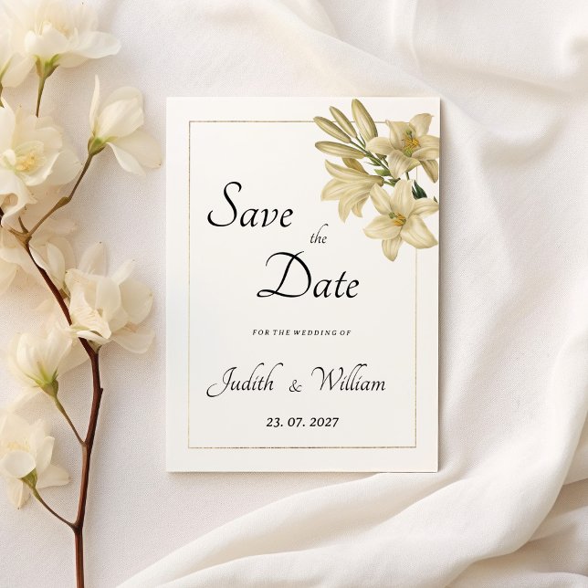 Elegant boho white gold floral lily Save the Date Invitation (Elegant boho white gold floral lily Save the Date)