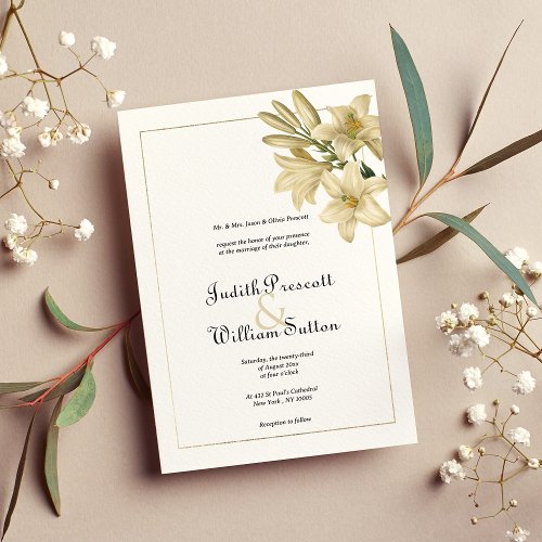 Elegant boho white gold floral lily wedding  invitation