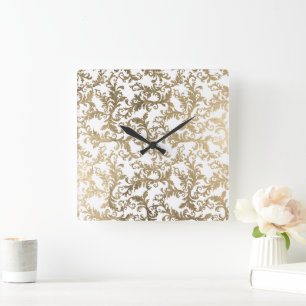 Elegant boho white gold floral vintage damask square wall clock
