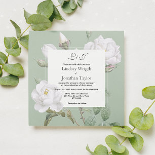 Elegant boho white mint green rose floral Wedding Invitation