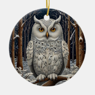 Elegant boho white owl woodland winter forest ceramic ornament