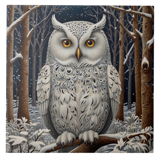 Elegant boho white owl woodland winter forest ceramic tile (Front)