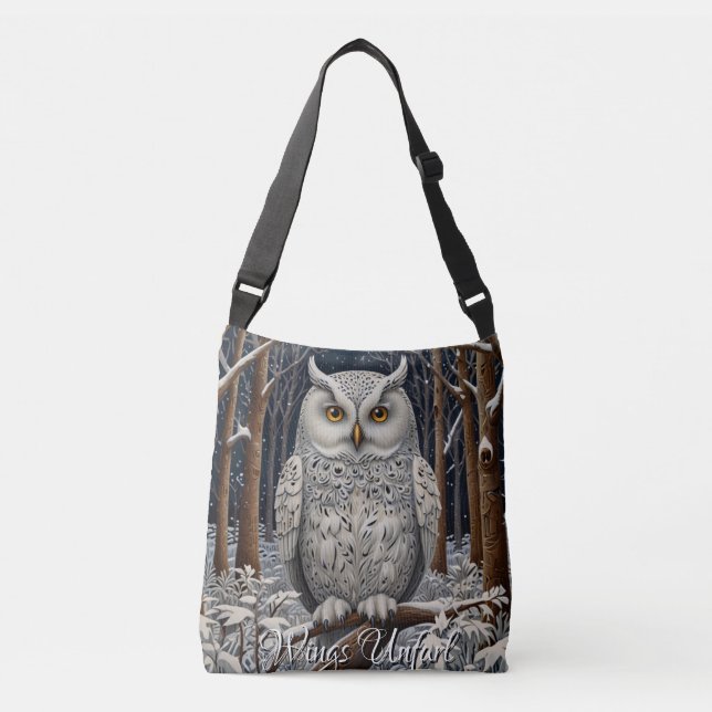 Elegant boho white owl woodland winter forest crossbody bag (Front)