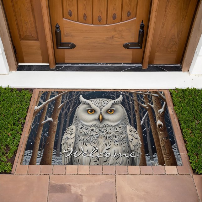 Elegant boho white owl woodland winter forest doormat (Outdoor)
