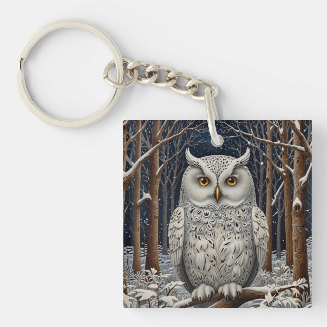 Elegant boho white owl woodland winter forest keychain (Front)