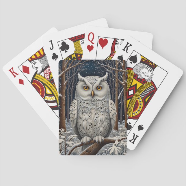 Elegant boho white owl woodland winter forest poker cards (Back)