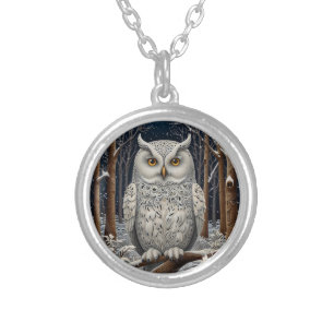 Elegant boho white owl woodland winter forest silver plated necklace