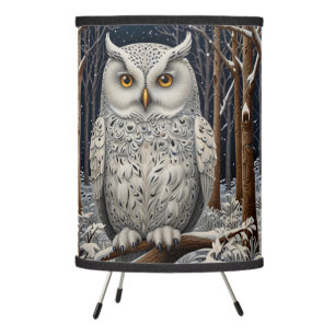 Elegant boho white owl woodland winter forest tripod lamp