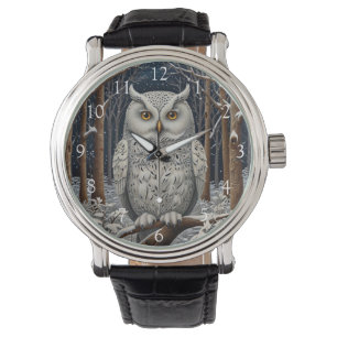 Elegant boho white owl woodland winter forest watch