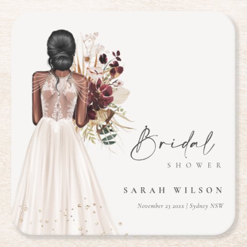 Elegant Boho White Wedding Gown Bridal Shower Square Paper Coaster