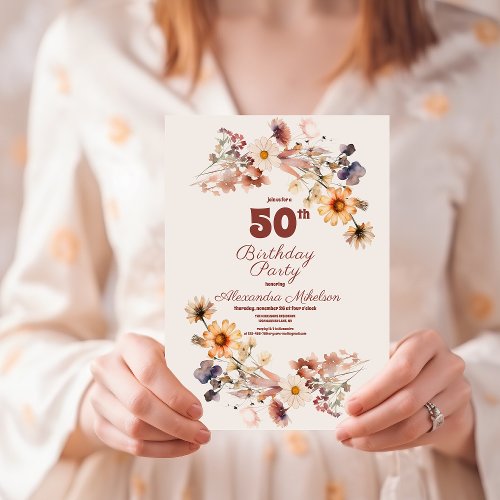Elegant Boho Wildflower  50th Birthday Invitation