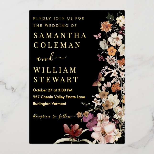 Elegant Boho Wildflower Black Rustic Wedding Foil Invitation (Front)