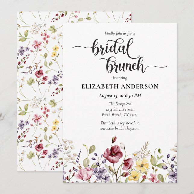 Elegant Boho Wildflower Bridal Shower Brunch Invitation (Front/Back)
