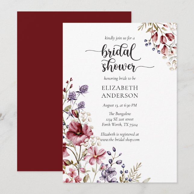 Elegant Boho Wildflower Bridal Shower Invitation (Front/Back)