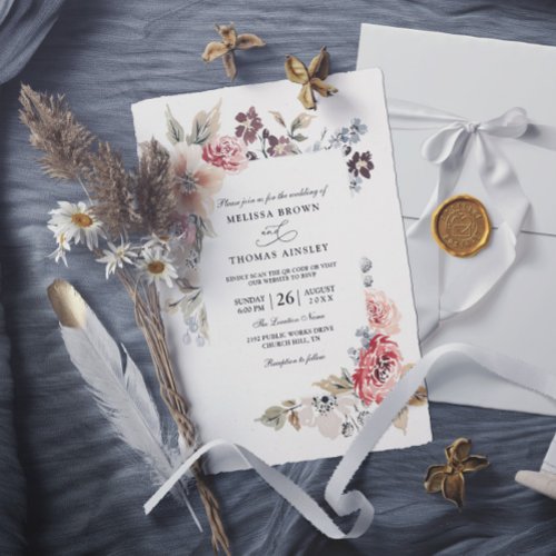 Elegant Boho Wildflower Budget QR Code Wedding Invitation