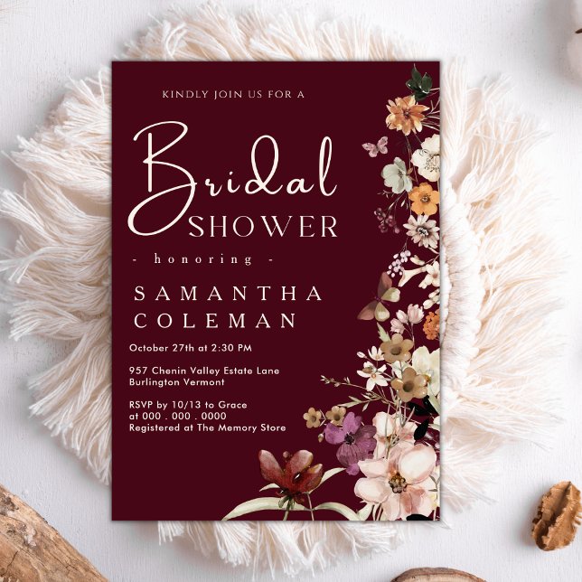 Elegant Boho Wildflower Burgundy Bridal Shower Invitation (Creator Uploaded)