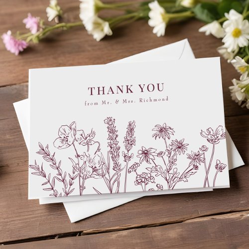 Elegant Boho Wildflower Burgundy Wedding Thank You Card