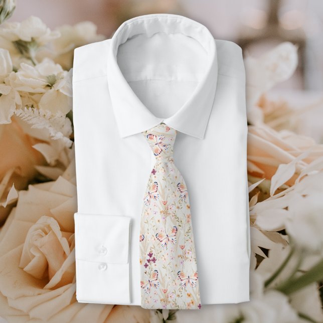 Elegant Boho Wildflower Butterfly Groomsman Neck Tie (Creator Uploaded)