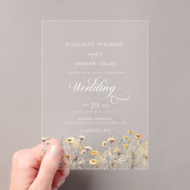 Elegant Boho Wildflower Calligraphy  Wedding Acrylic Invitations (Insitu (Handheld))