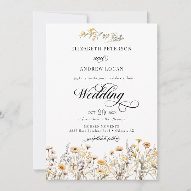 Elegant Boho Wildflower Calligraphy  Wedding Invitation (Front)
