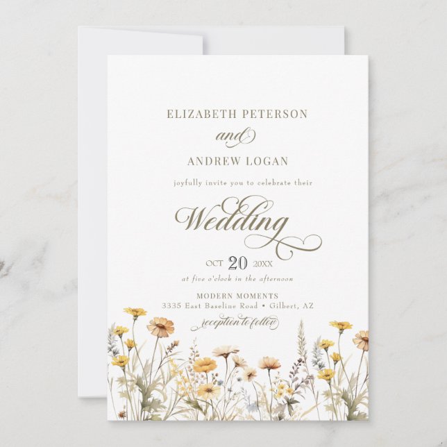 Elegant Boho Wildflower Calligraphy  Wedding Invitation (Front)