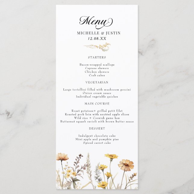 Elegant Boho Wildflower Calligraphy Wedding Menu (Front)