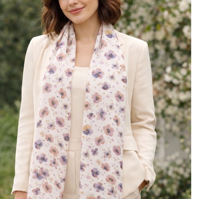 Elegant Boho Wildflower Cream Pink Chiffon  Scarf (Creator Uploaded)