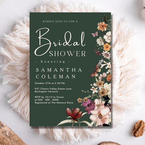 Elegant Boho Wildflower Dark Green Bridal Shower Invitation