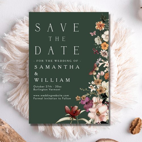 Elegant Boho Wildflower Dark Green Save The Date Invitation