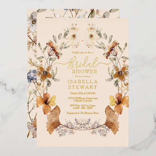 Elegant Boho Wildflower Elegant Bridal Shower Foil Invitation (Front/Back)