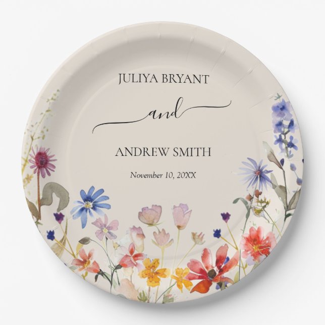 Elegant boho wildflower engagement party paper plates (Front)